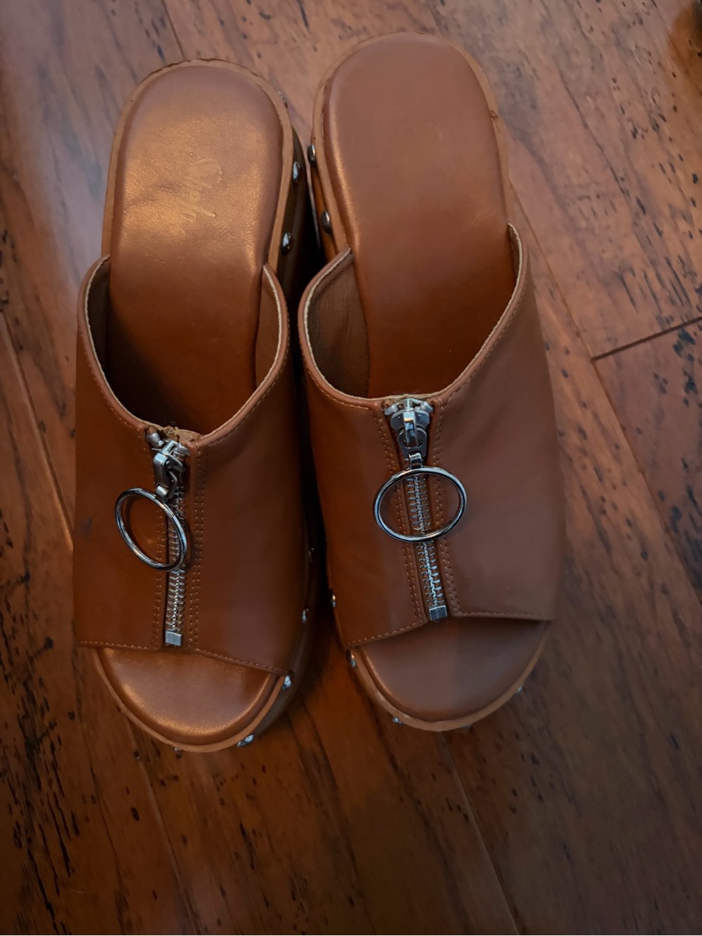 Women's Brown Leather Zip-Front Slide Clogs